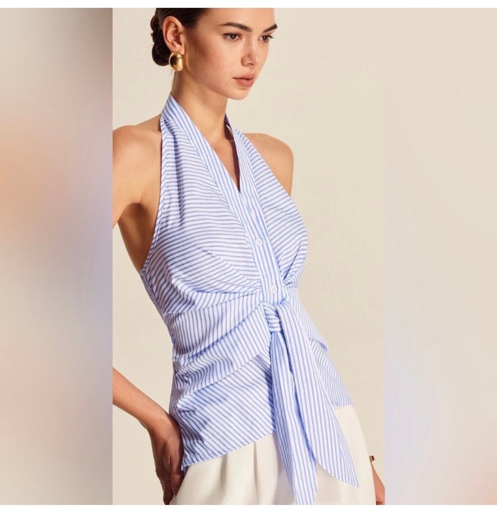 Anthropologie Drew Tie Front Sleeveless Halter Top Blue White Stripe S